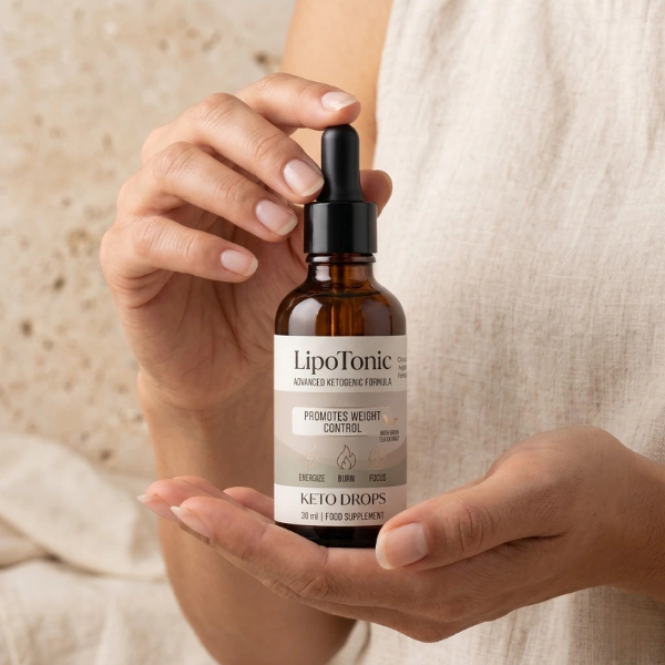 Hands holding a Lipotonic dropper bottle