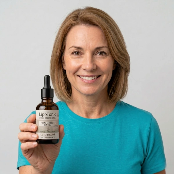 Lipotonic keto drops bottle shown by an adult woman